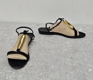 Donna Karan New York Women Black w Gold Bar Centerpiece Flat Sandals-Size 6